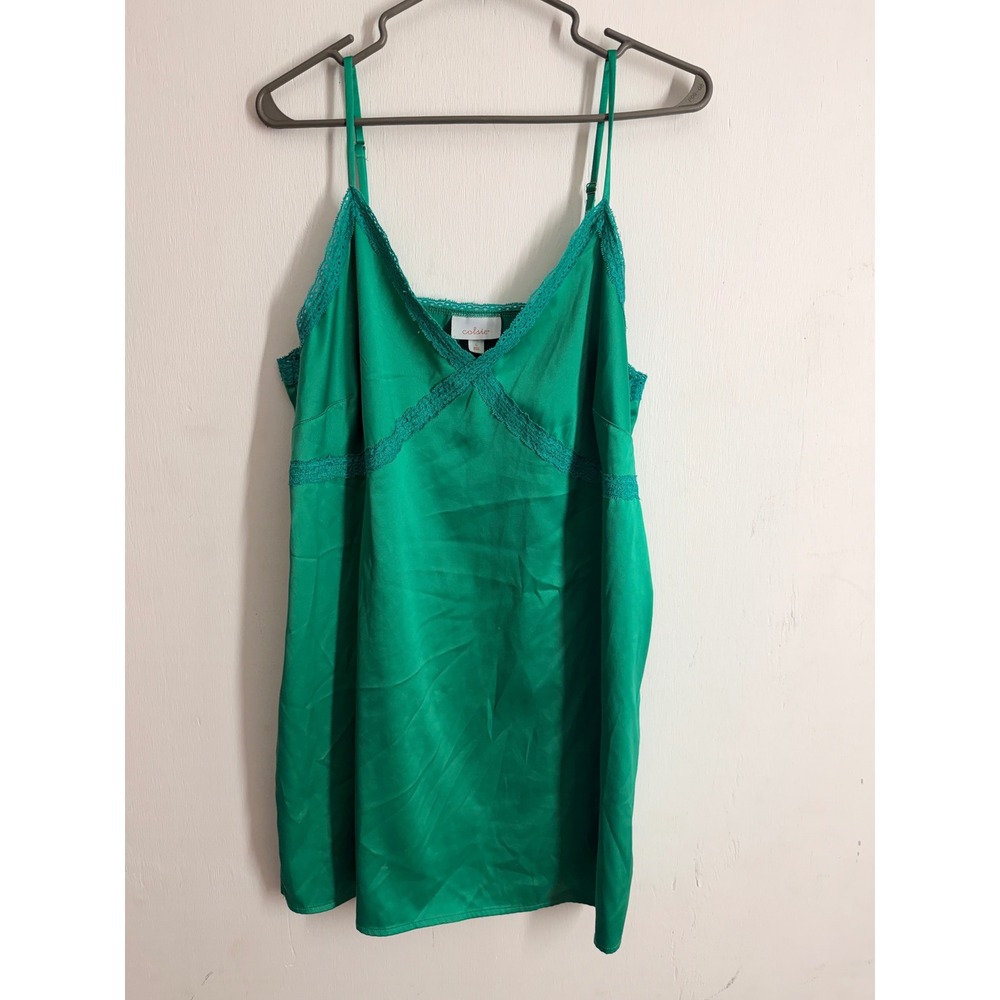 Colsie Emerald Green Satin Lace Trim Sleep Dress Nightgown L Camisole Chemise